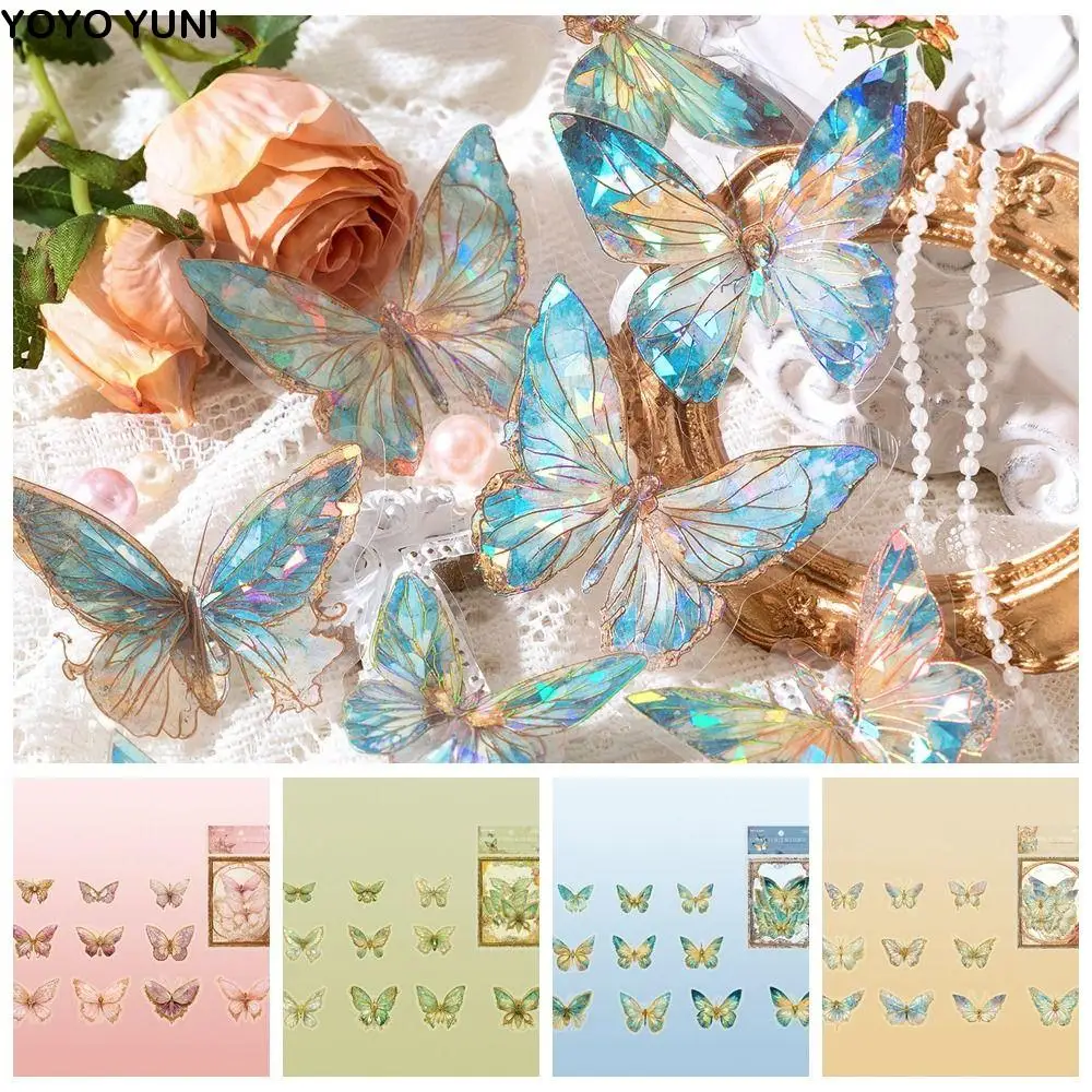 

20pcs/bag DIY Crafts Ice Crystal Laser Butterfly Sticker Handmade Aesthetic Butterfly Collage Sticker Shiny PET Students