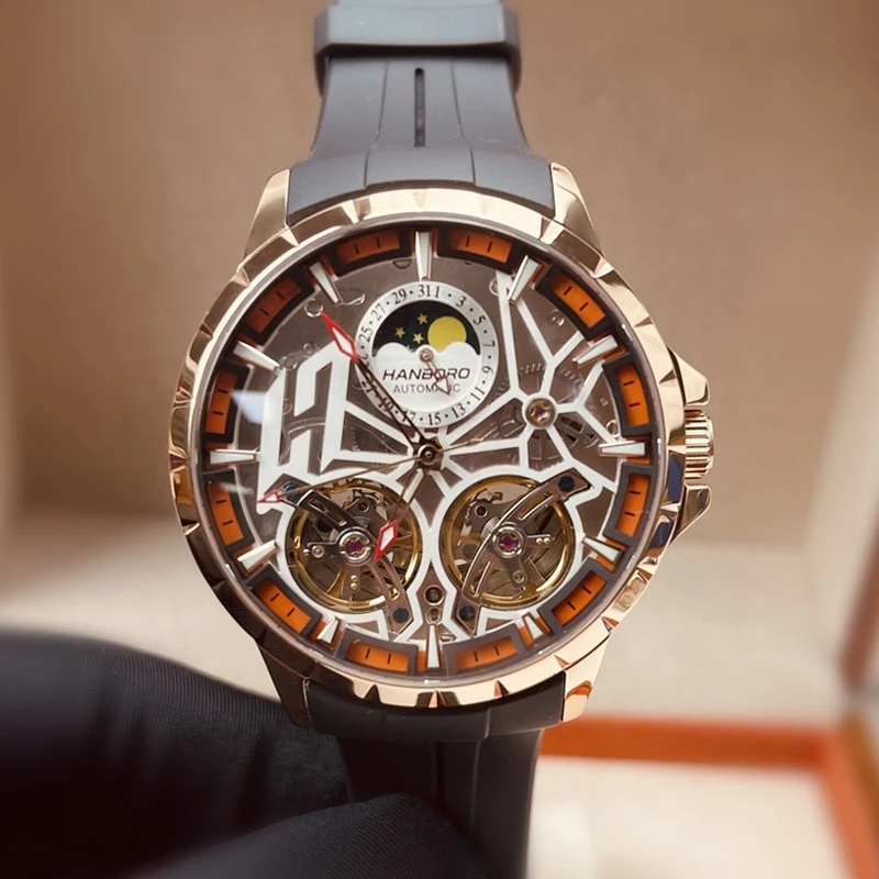 HANBORO Men Automatic Watch Luxury Watches 50M Waterproof Luminous Mechanical Wristwatch Hollout Out Dial Fly Wheel Sapphire