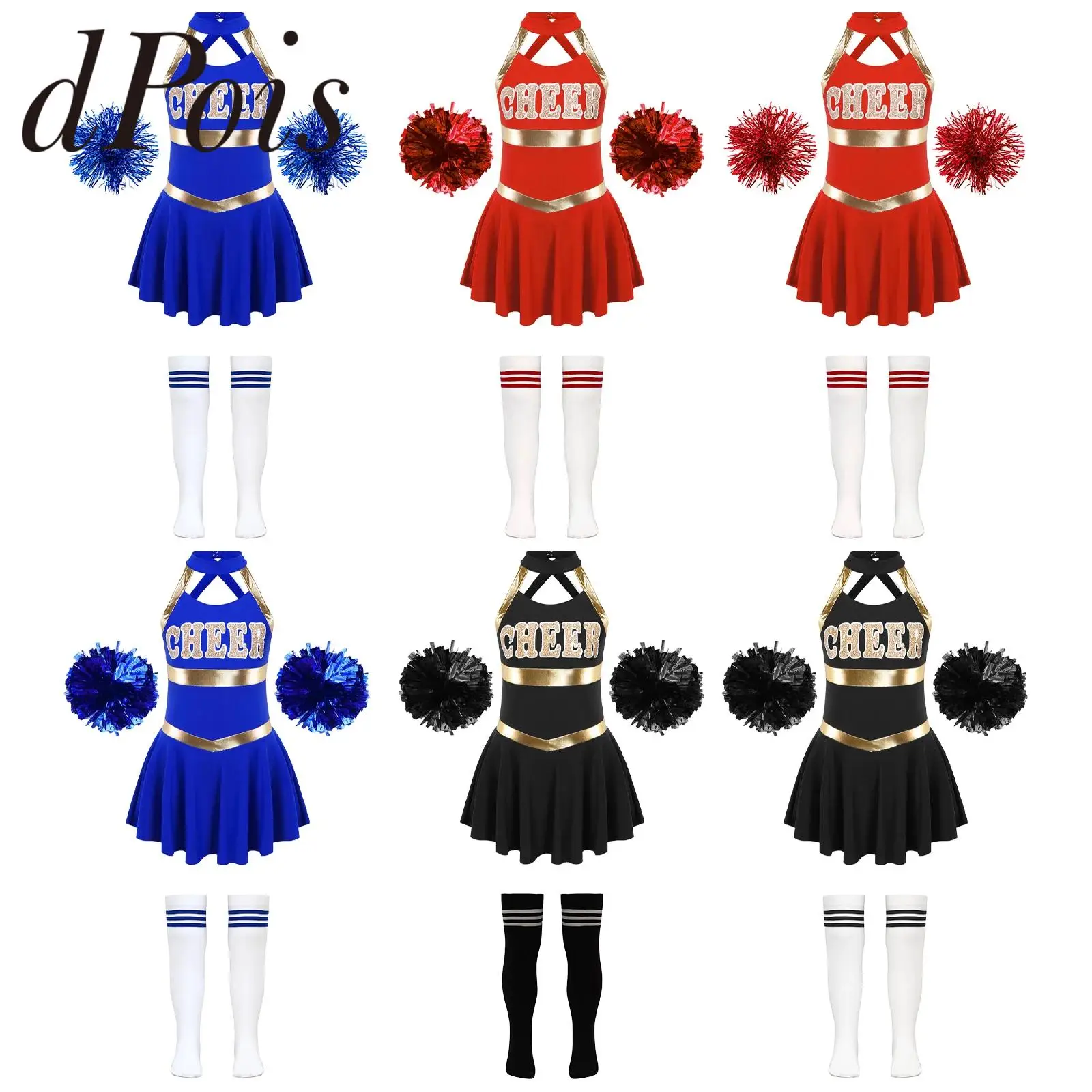 

for Dancing Competition Girls Cheerleading Costume Cheer Dance Outfits Cheerleader Uniform Dress + Flower Balls Socks Sets