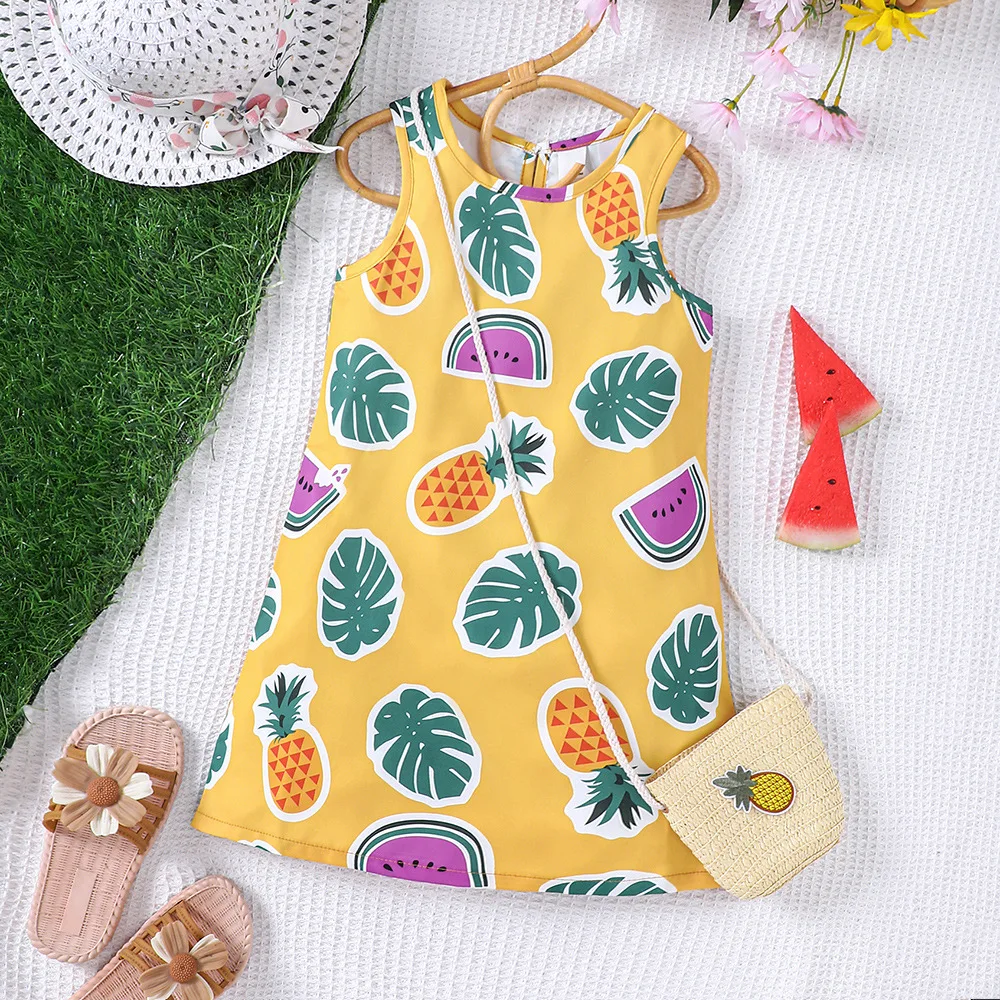 

2024 Summer New Arrival Girls Sleeveless O Neck Print Pineapple Yellow Cute Party Princess Dress Custume 2-6T