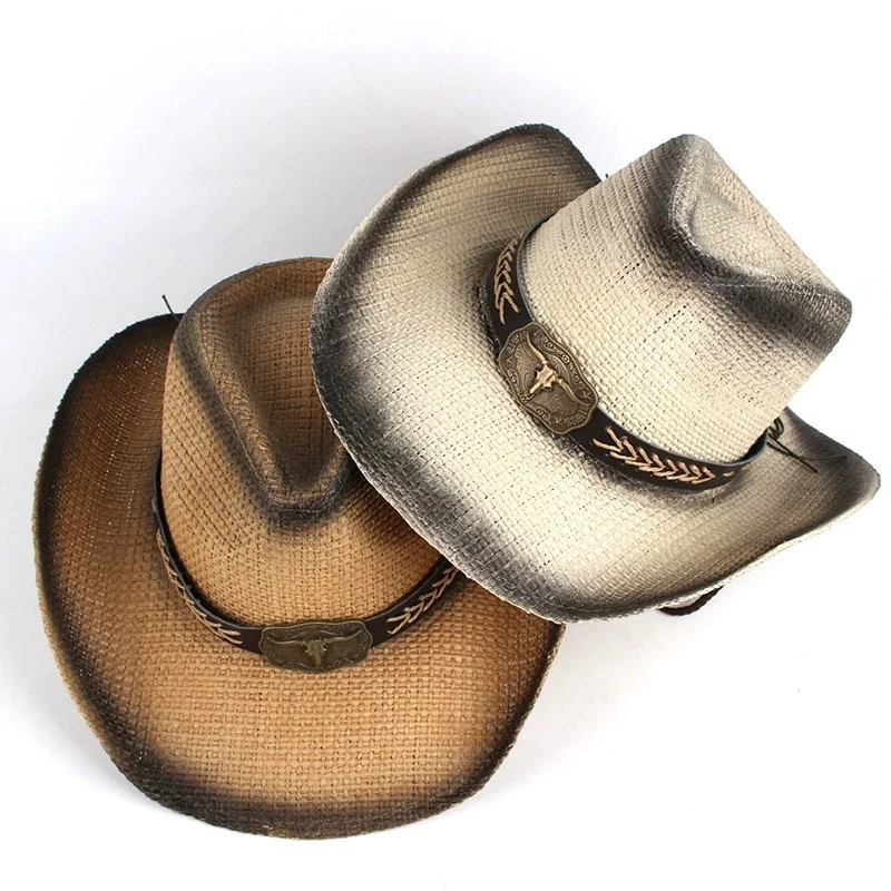 Summer Sun Protection Hats: Western-Style Cowboy Straw Hats—Hand-Woven, Spray-Painted with Bull Head Embellishments, Jazz Hats