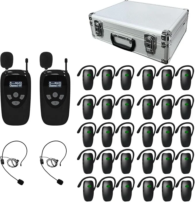 Wireless 1 Transmitter 30 Receivers Tour Guide System 30-Slot Charge Case Microphone Speaker Headsets For Group Communication