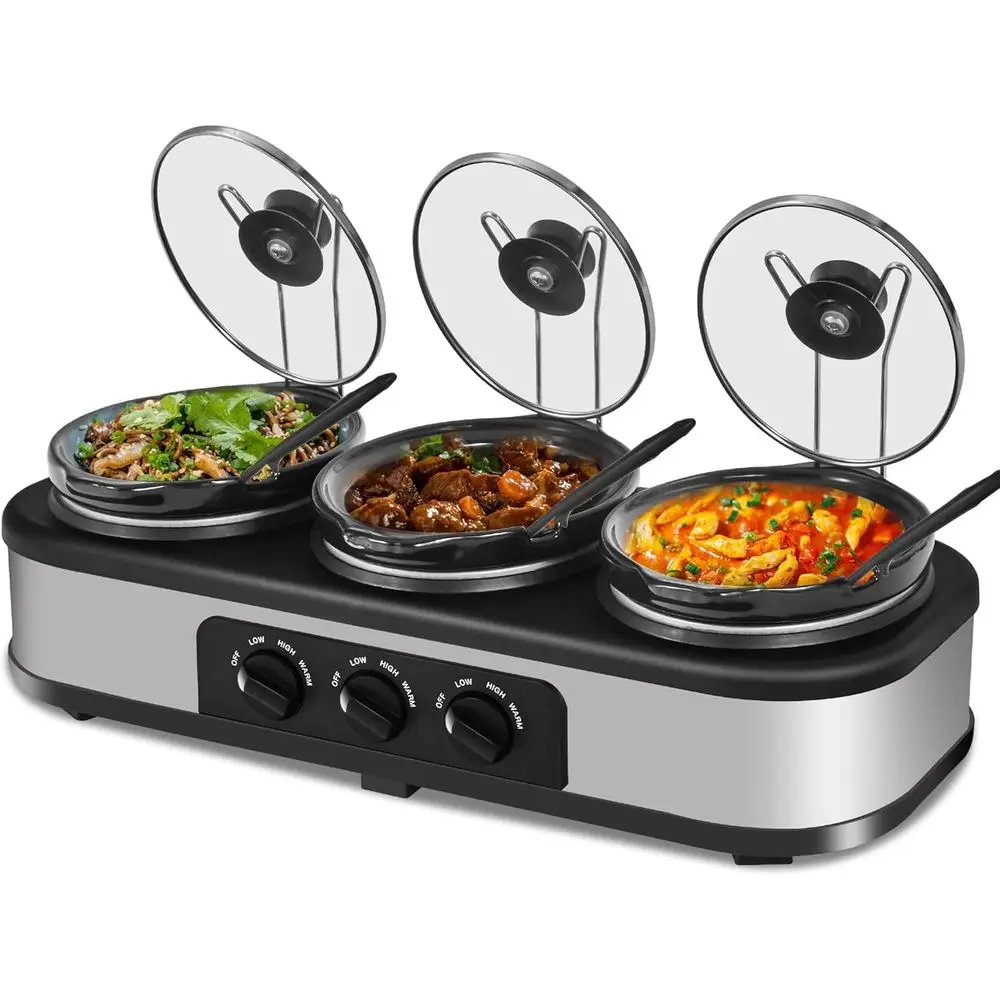 

Triple 1.5-Quart Slow Cooker Set with Adjustable Temperature, Stainless Steel Pots, and Lids for Buffet Servers and Family Gathe