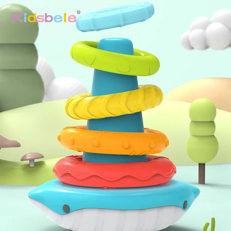 Montessori Educational Developmental Learning Infant Toy Children Rainbow Tower Stacking Circle Whale Tumbler Rattle Stacker