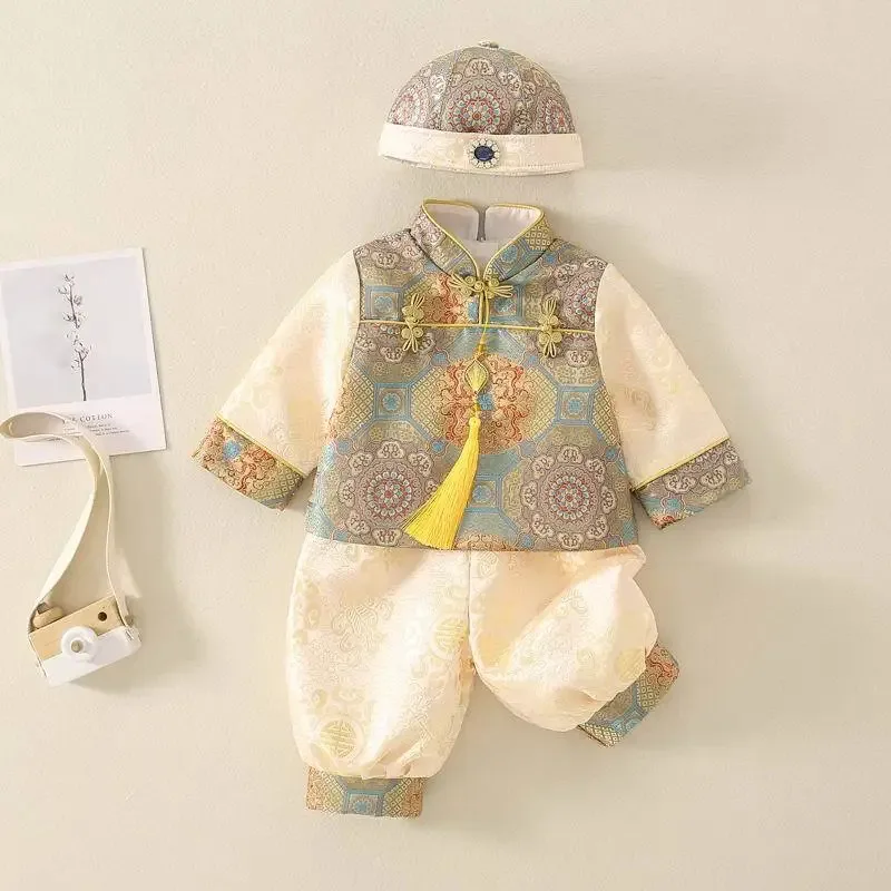 

2025 aaa, зимняя китайская новогодняя одежда для детей, традиционный костюм Тан для маленьких мальчиков и девочек, весенне-осенние топы, брюки, шапка для новорожденных