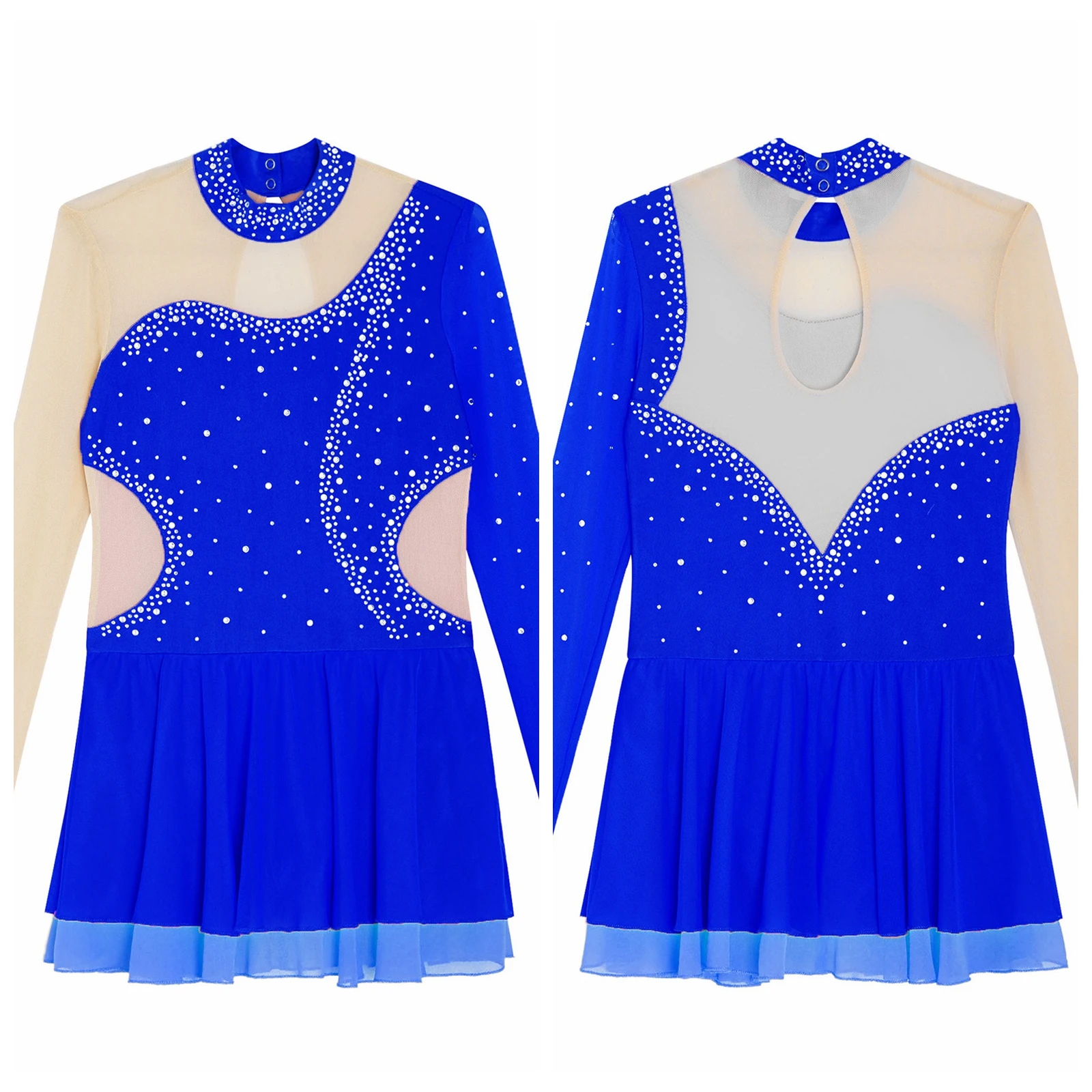 

Kids Girls Ballet Dress Rhinestones Figure Skating Dancewear Mesh Long Sleeve Keyhole Back Gymnastics Leotard for Stage Costume
