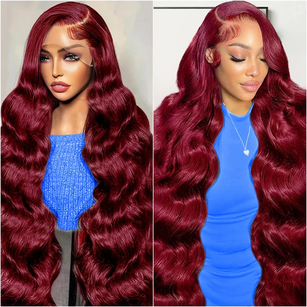 

40-дюймовый парик из натуральных волос 99J бургундского цвета, с HD-кружевом 13x4, парик из натуральных волос 13x6 с эффектом «волна», плотность 200, красные бразильские волосы для женщин