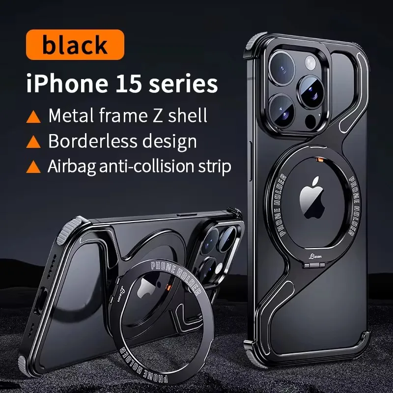 

High quality Z Shape Geometry Stand Holder Phone Cover For Iphone 13 14 15 Pro Max Magnetic Metal Snap-on Phone Case