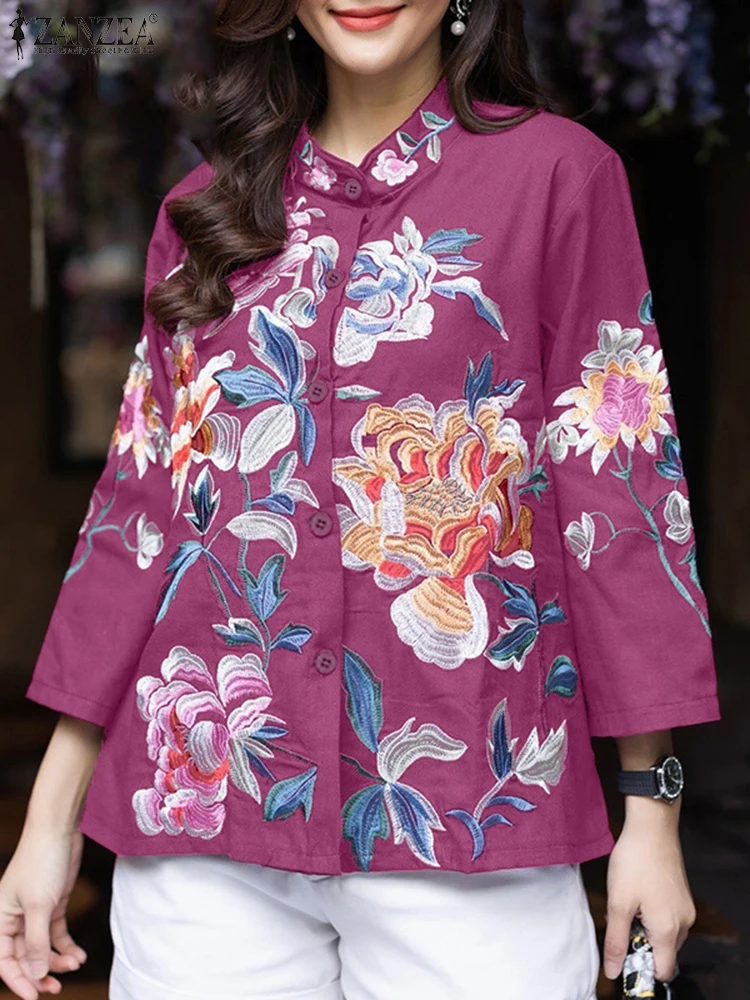 ZANZEA-camisas elegantes con estampado Floral para mujer, blusas informales con cuello levantado y manga 3/4 abotonada, camisas holgadas de otoño 2025 para mujer