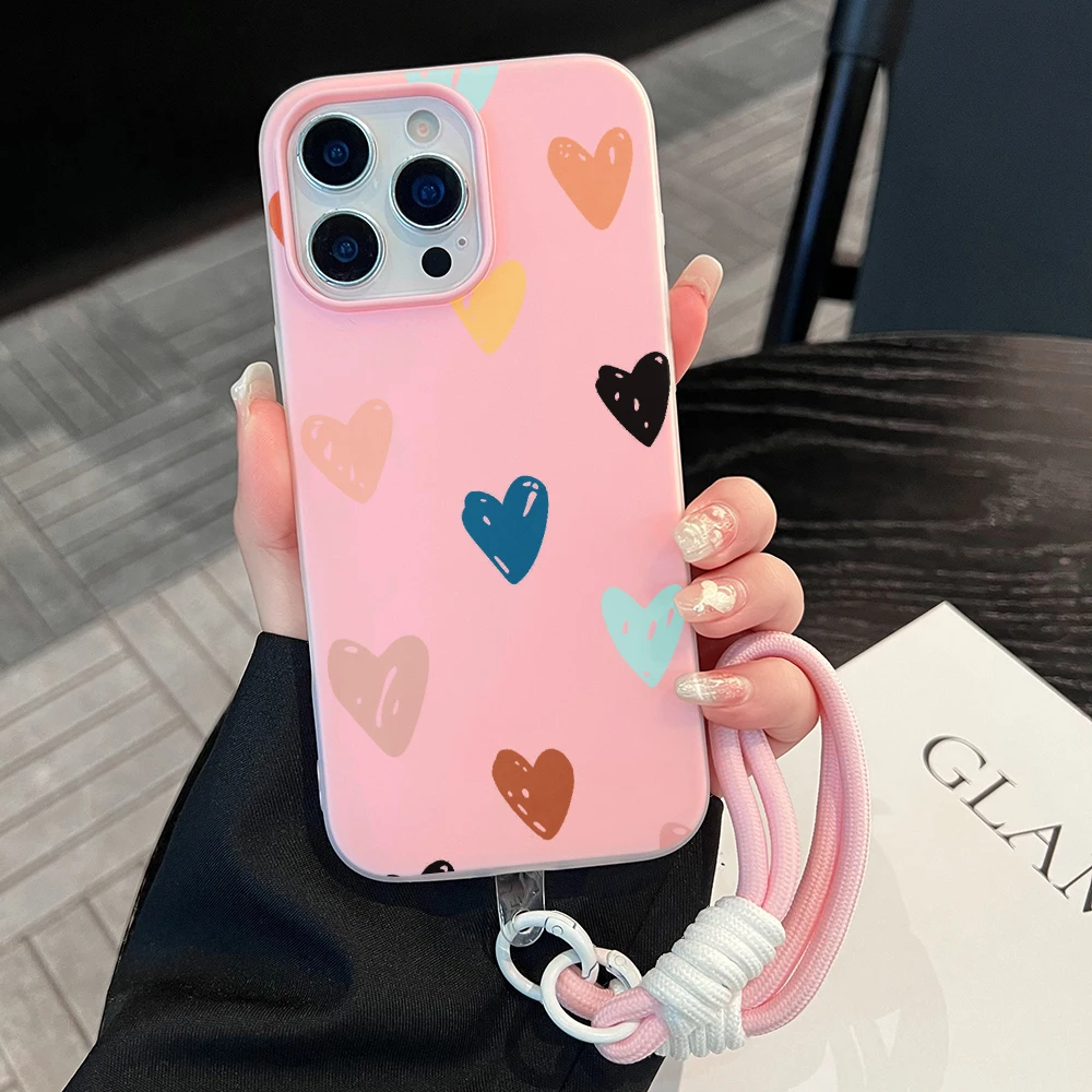 Kawaii Heart Soft Phone Case For Samsung Galaxy S26 Ultra S25 S24 S23 Plus FE A57 A07 A56 A55 A54 A36 A35 A57 Lanyard Cover Set