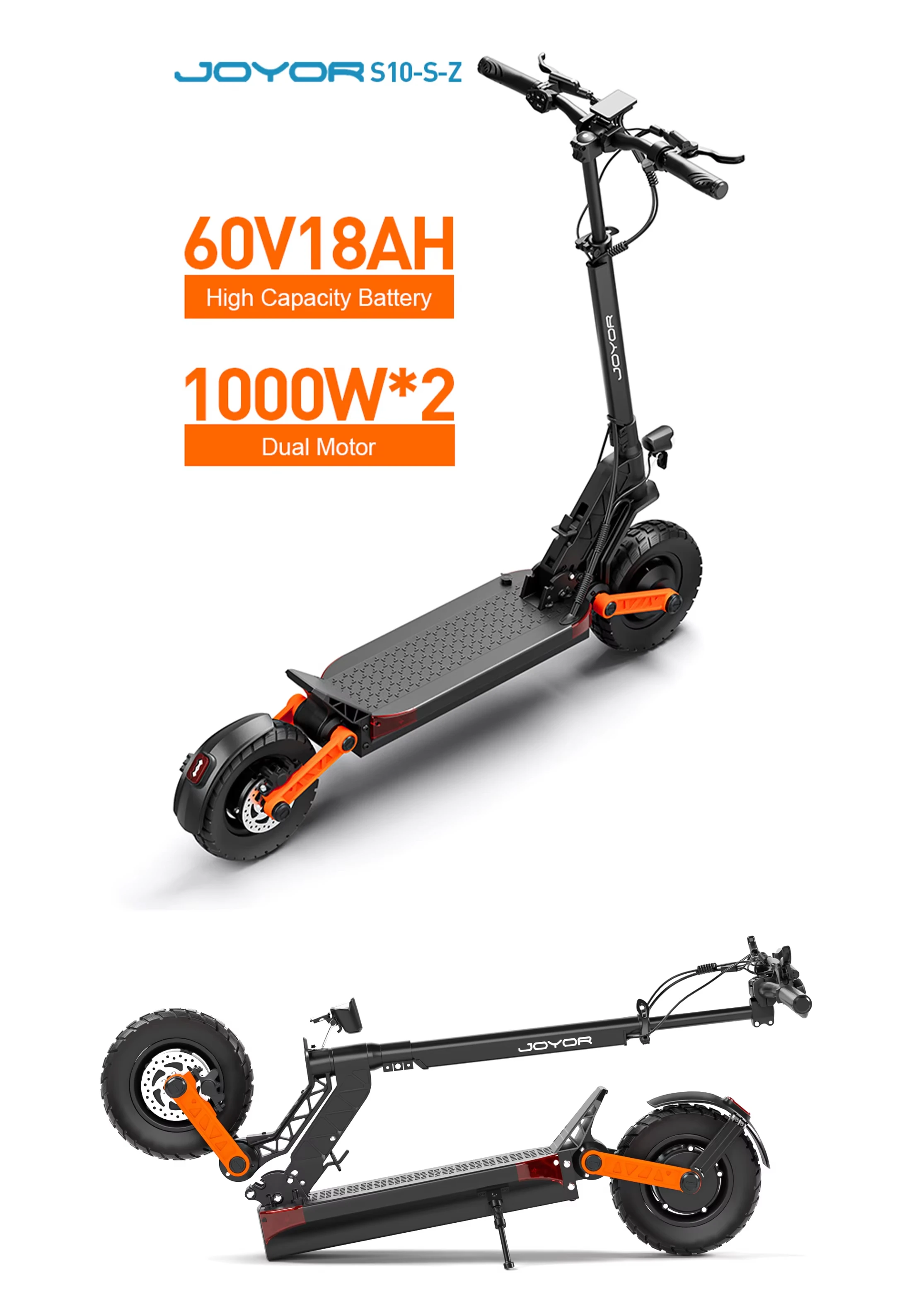 JOYOR S10-s-z E-Scooter 1000W * 2 Doppelmotor 60V18AH Hochleistungs-Lithiumbatterie 10 Zoll Offroad-Reifen Hydraulische Bremse Aluminiumlegierung Leichtgewichtiger 30KG Rahmen All-Terrain-Pendler-Scooter Maximale Reichweite 80km Maximale Geschwindigkeit 60km/h Elektroroller – Detail 26