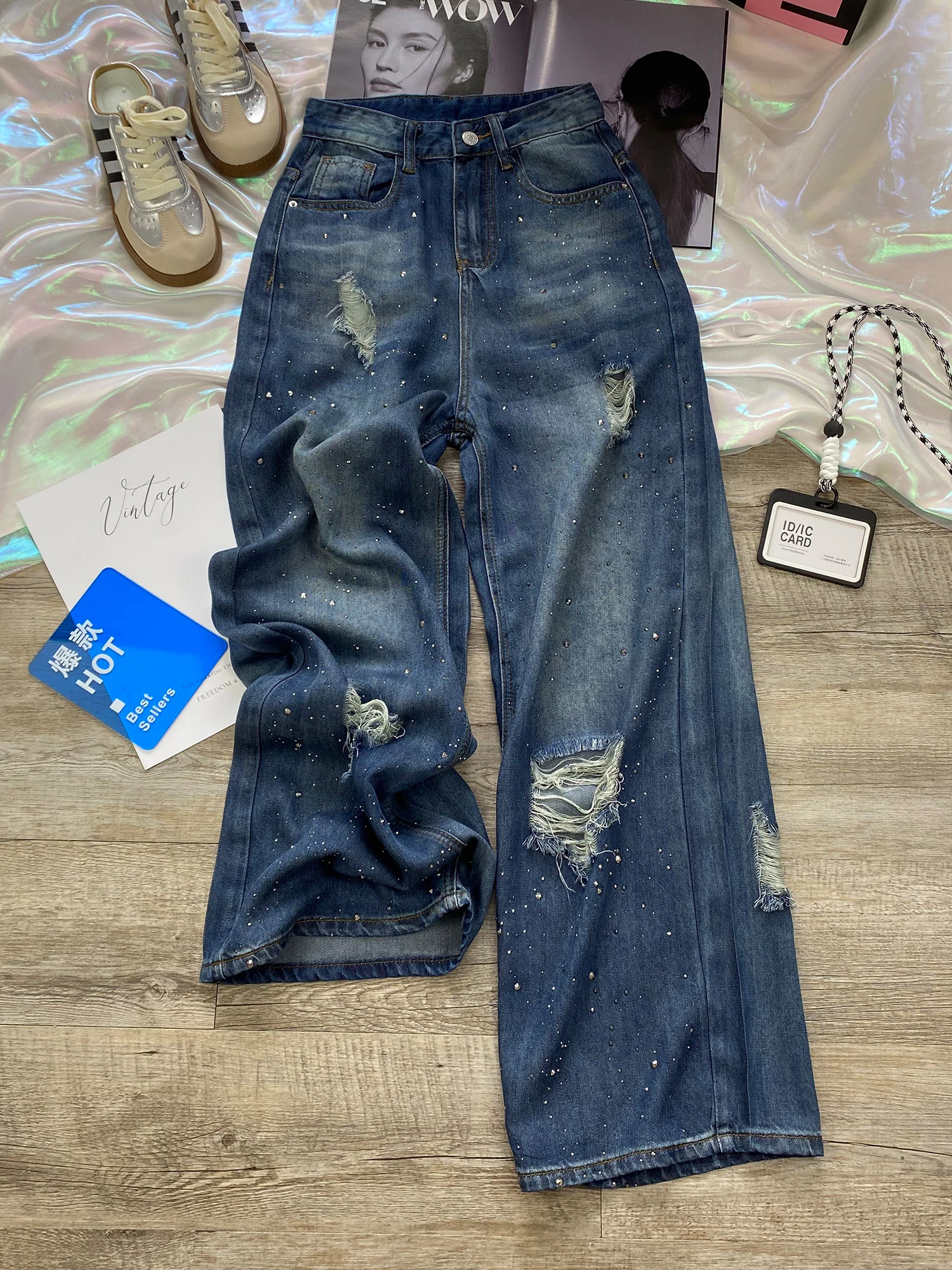 Summer Lyocell Ripped Jeans For Women High Street Dark Blue Rhinestone Denim Pants American Fashion Sequins Wide Leg Trousers