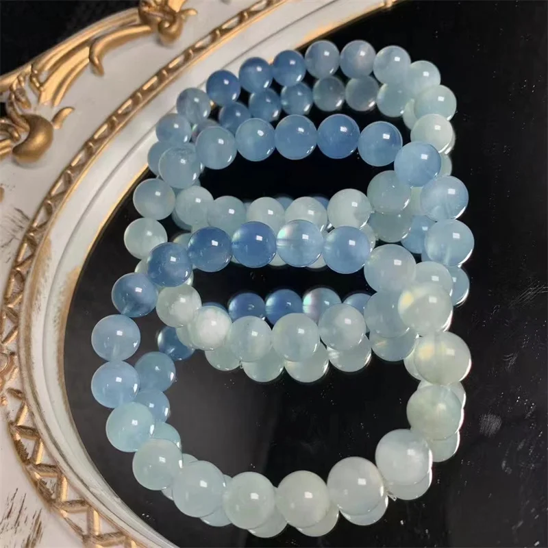 10MM Natural Gradient Aquamarine Bracelet Fashion Energy Stone Reiki Healing Crystal Strand Fengshui Gift 1PCS