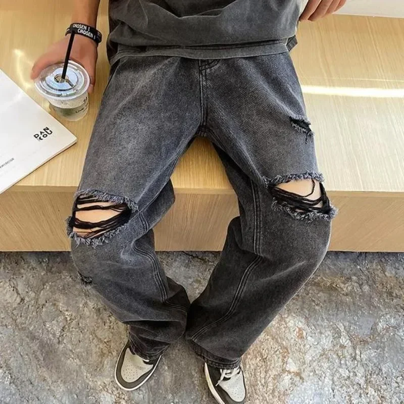 Men\'s Jeans Broken Black Torn Man Cowboy Pants Ripped Trousers Straight with Holes Clothes Y2k 2000s Summer High Quality Baggy