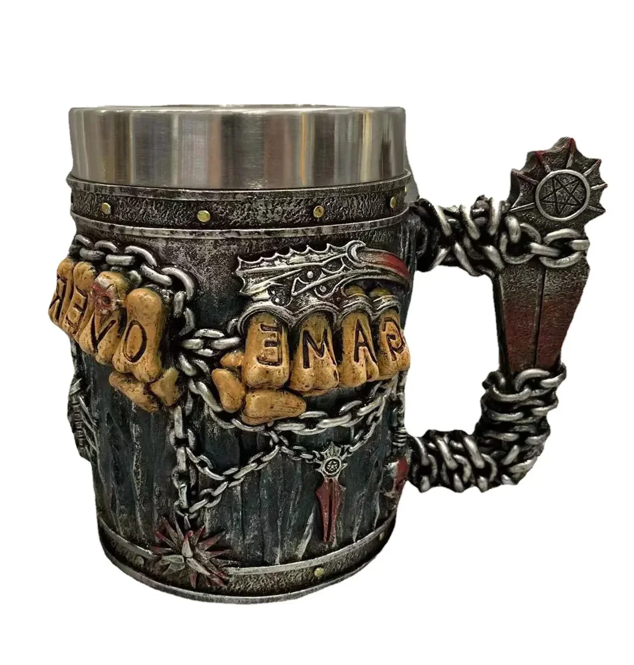 Medieval Viking Retro 3D Sword Skull Beer Mug With Stainless Steel Insert Resin Big Capacity Coffee Cups Men\'s Halloween Gift