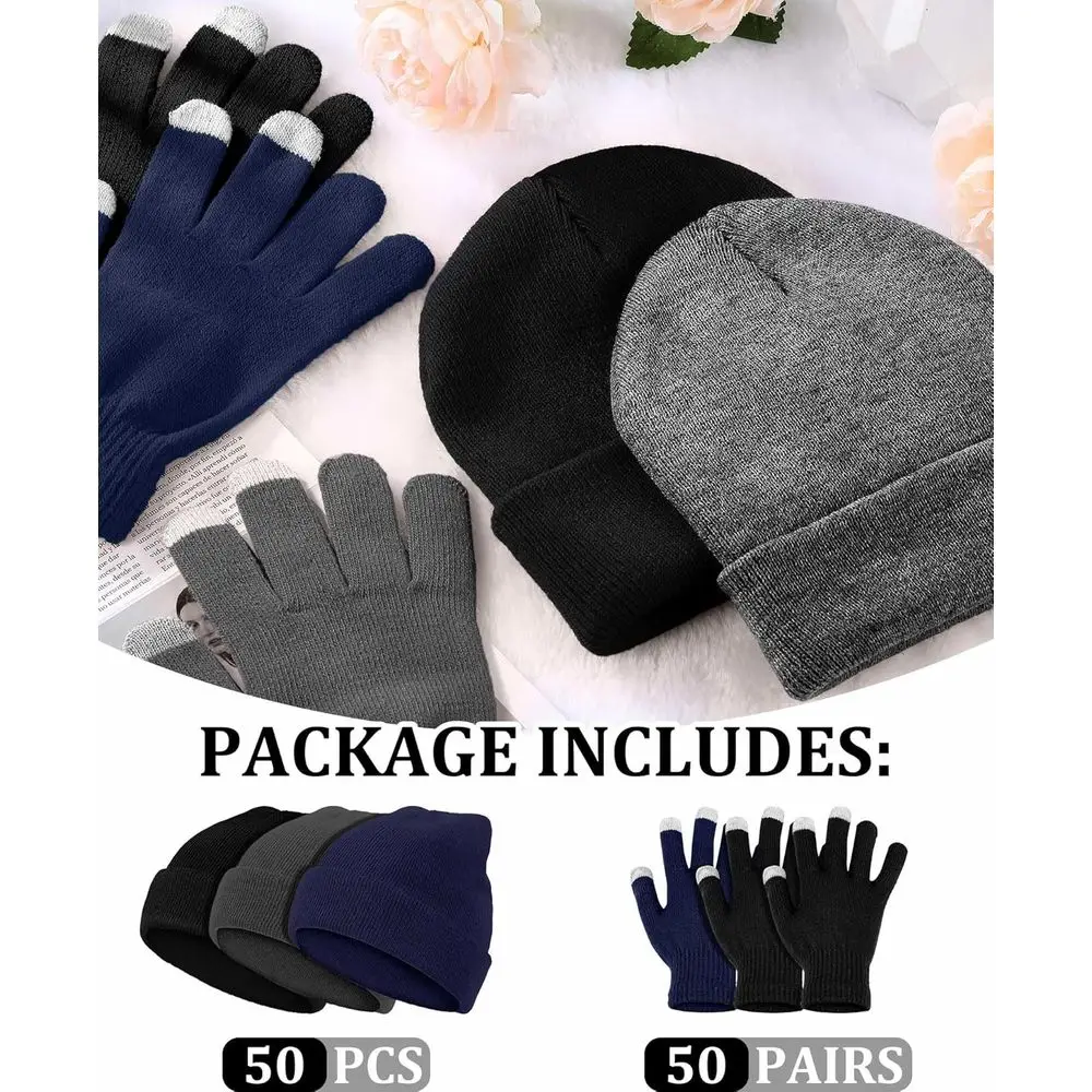 Комплект из 100 зимних шапок унисекс и перчаток с сенсорным экраном для мужчин и женщин — теплая объемная шапка и перчатка в подарок