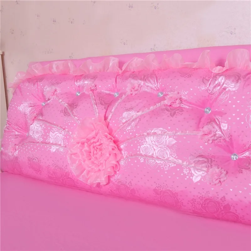 Korean Cotton Satin Bed Head Cushion, Pink Long Backrest Pillow for Double Bed Wedding Decor
