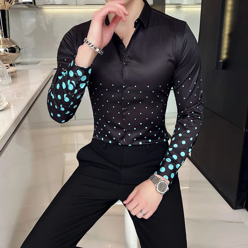 Summer Polka Dot Print Shirts 2022 New Men Long Sleeve Slim Casual Shirt Male Business Social Dress Shirts Party Tuxedo Blouse