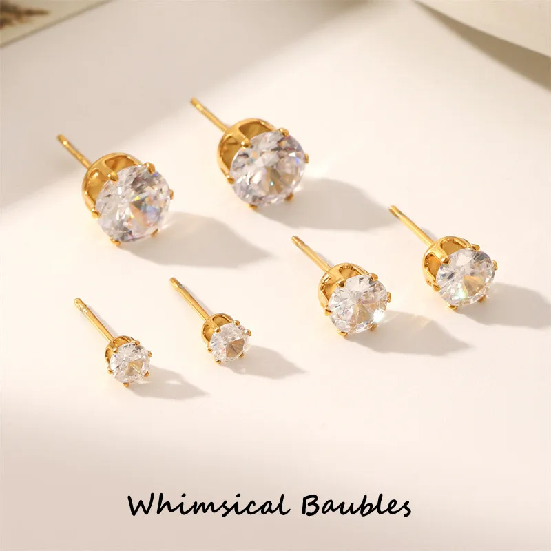 

Waterproof Stainless Steel Jewelry Minimalist 6 Claw Setting Crystal Cubic Zircon Stone Stud Earring Set