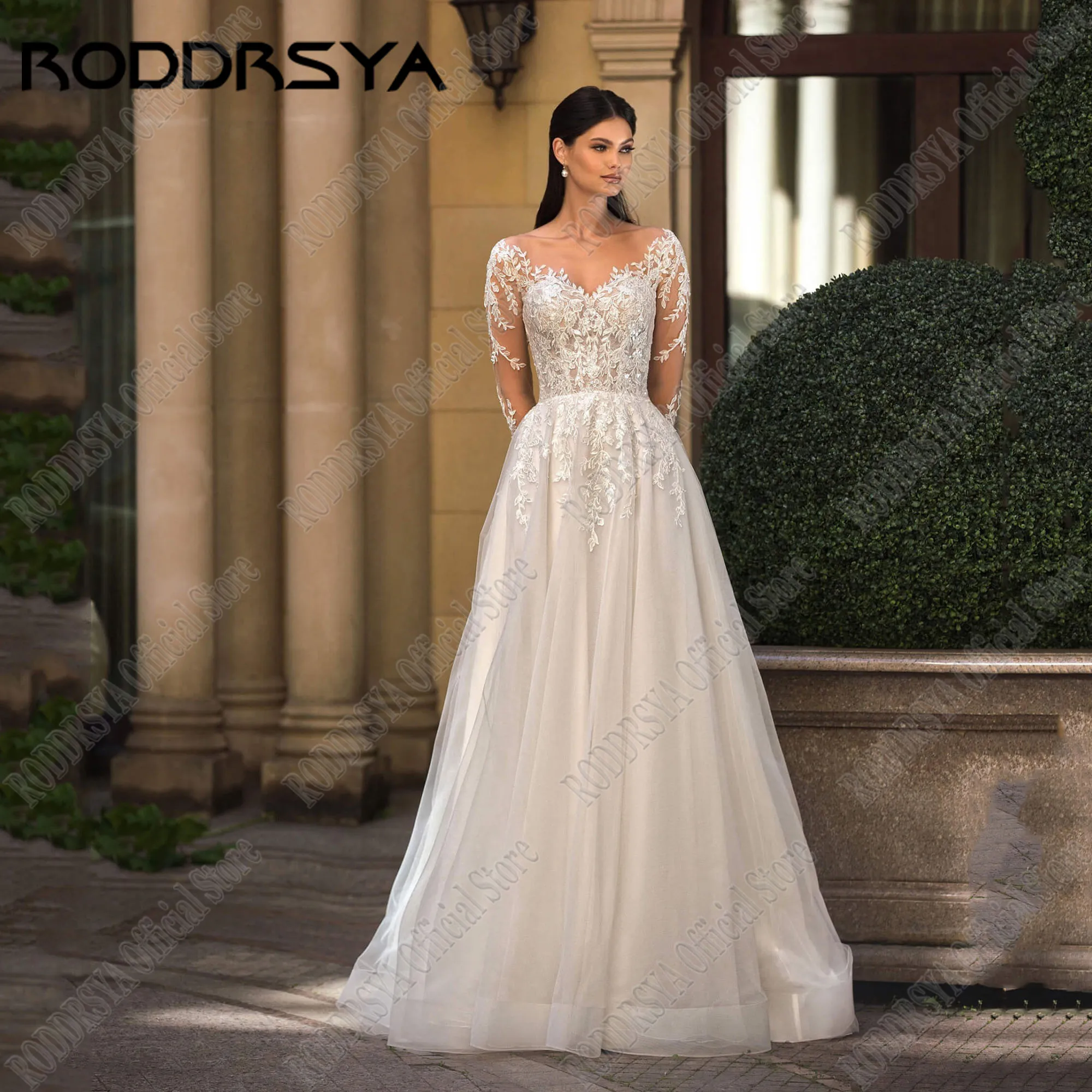 

RODDRSYA Elegant Wedding Dress Tulle Bridal Gown Customized Long Sleeve Scoop Neck Applique Lace Sweep Train Vestido Noiva