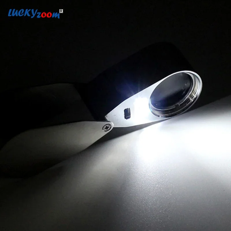 مجهر جيب صغير 40X عدسة مكبرة زجاجية قابلة للطي مصباح LED للأشعة فوق البنفسجية مجوهرات مضيئة العدسة المكبر كشف العملات لوبا