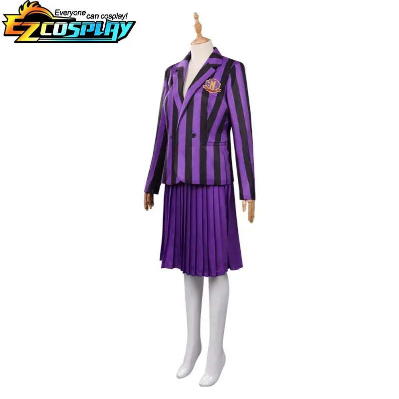 AA ★ Disfraz de Cosplay de COS Enid, uniforme escolar a rayas moradas, trajes para adultos, abrigo, camisa, falda, corbata, fiesta de Halloween, nuevo 2025