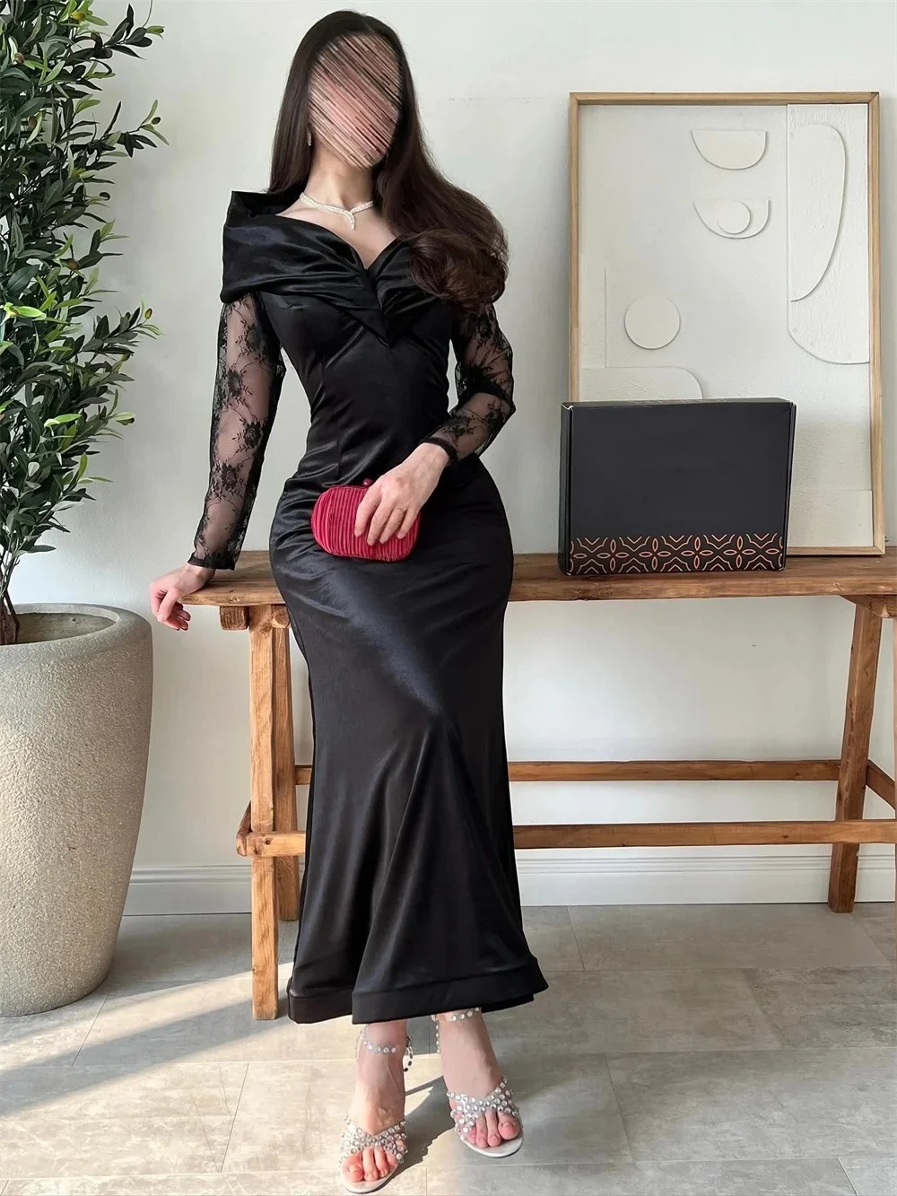 ชุดราตรีผ้าลูกไม้สีดำ แขนยาว ตัดเย็บตามสั่ง สำหรับโอกาสพิเศษ สไตล์เรโทร ยูนิเซ็กซ์ ผ้าเจอร์ซีย์ แบบดูไบ ซาอุดิอาระเบีย งานพรอม สั่งตัดได้