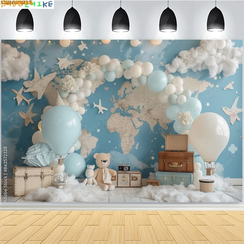 

Digital Children Baby Birthday Photography Backdrops Prop Vibrant Colored Balloons Rainbow Clouds Photo Studio Background AO-03