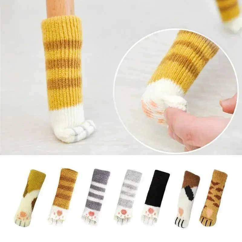 4-piece knitted cat paw doorknob gloves thickened mute stool chair protection set table chair foot cover foot pad