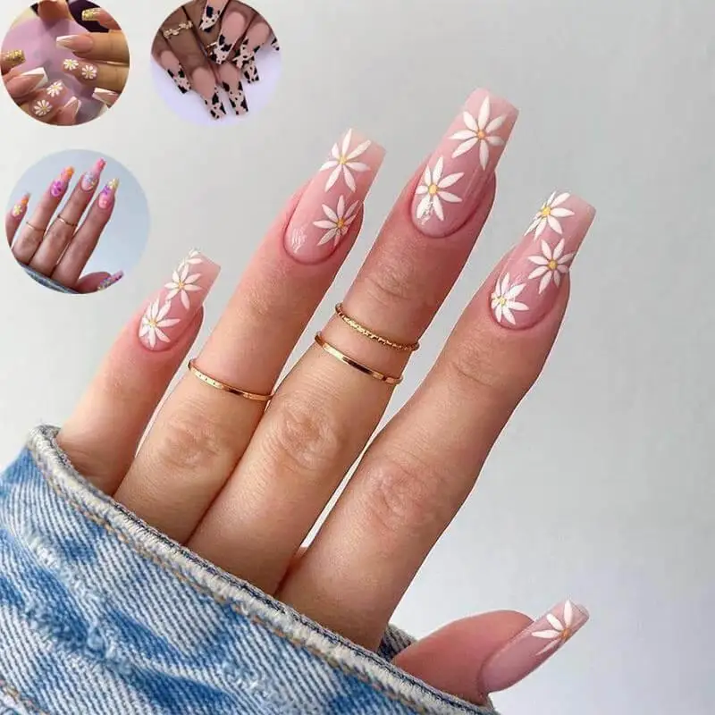 Long Fake Nails Art Tips Press on Nails False Flower heart Design for Extensionfake Nails with Glue Stickers Reusable Set