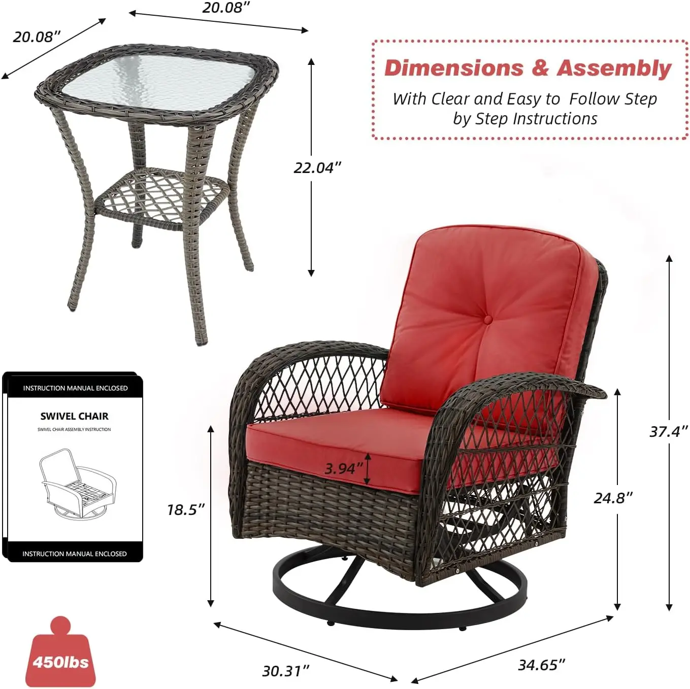 3 Pieces Outdoor Swivel Rocker Patio Chairs, 360 Degree Rocking Patio Conversation Set with Thickened Cushions and Glass Coffee