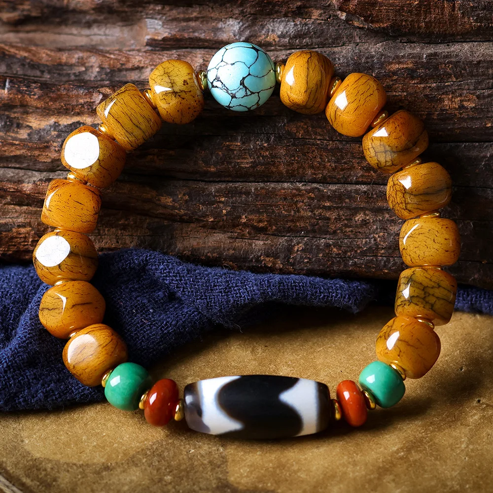 

Tibetan-Style Crackle Pattern Yak Bone Square Bead Bracelet Antique Tiger Tooth and Heavenly Bead Bracelet Ethnic-Style Jewelry