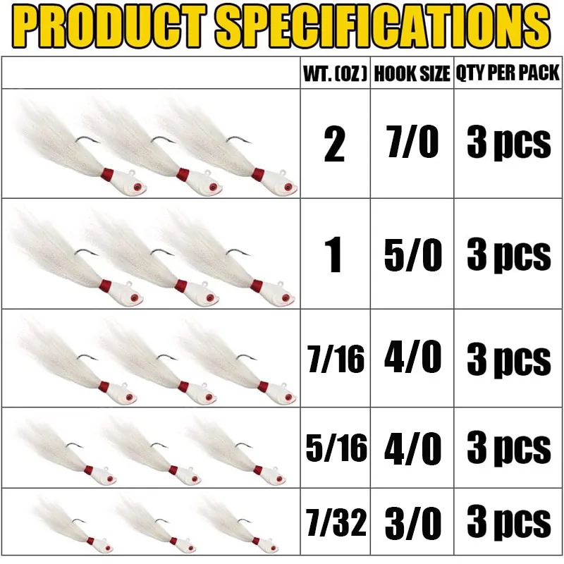 3er-Set Bucktail Salzwasser-Haarjigs mit Köderköpfen, Angelhaken, Köder-Kit, Swimbait-Jig, 3D-Augen, Köderkopf, Hirschhaar, Feder, Bart, Jigging – Detail 2