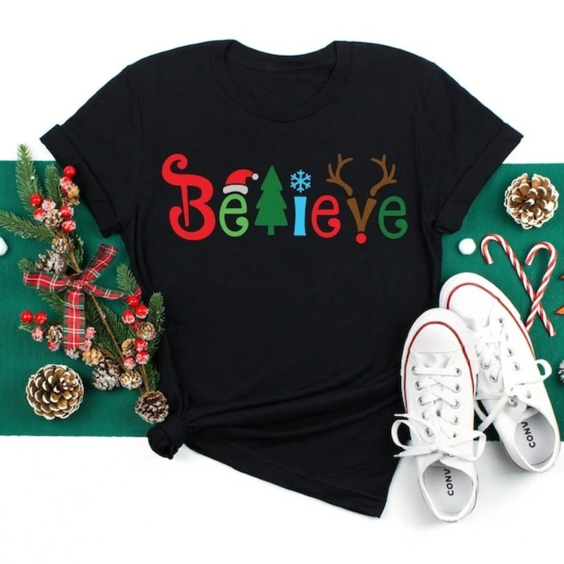 Camiseta de algodón Believe Christmas, regalo familiar Believe Holiday, camisa a juego para hombres y mujeres, cuello redondo, moda informal, cómoda
