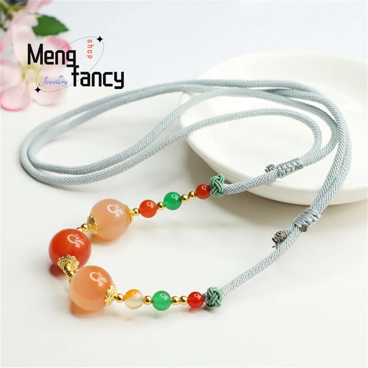 Natural Agate Chalcedony Three Generations Round Bead Bracelet Necklace Simple Charm Fashion Women Couple Mascot Jewelry Gift