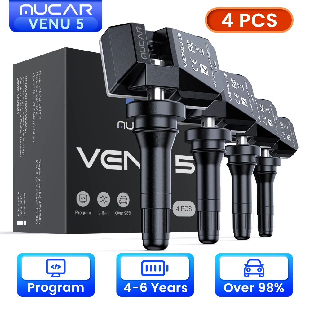 MUCAR VENU 5 Sensor 433 315 MHZ TPMS Sensor 2 in 1 Band Reparatie Tools Scanner Bandenspanning Monitor Tester Programmering 4 STUKS Metaal