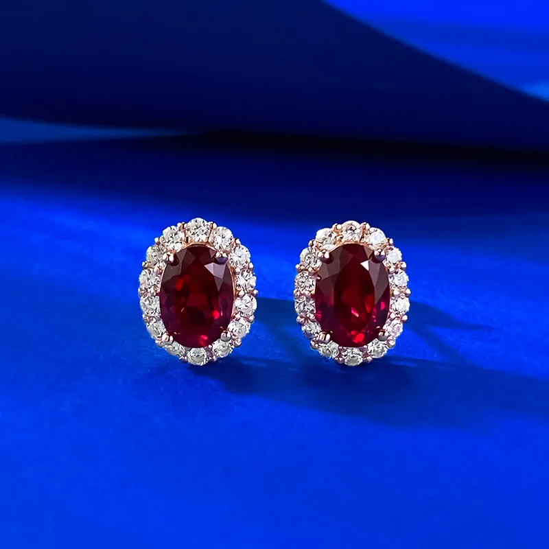 

New S925 Silver 5 * 7mm Oval Pigeon Blood Red Cultivated Earrings Rose Gold Exquisite Halo Set with Wedding Jewelry
