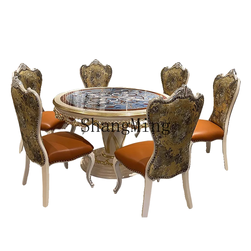 

FG shell painted dining table neoclassical villa dining tablehousehold solid wood round dining table and chairs