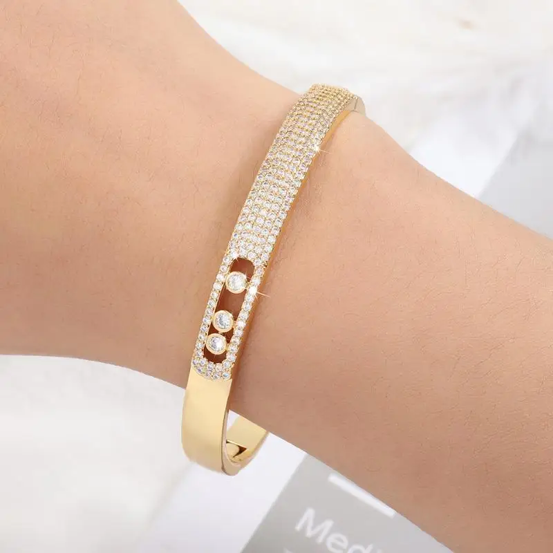 Gold Color Stainless Steel Wide Bangle Double Row Crystal Zircon Bracelet For Women High Quality Fashion Jewelry Gift image 2