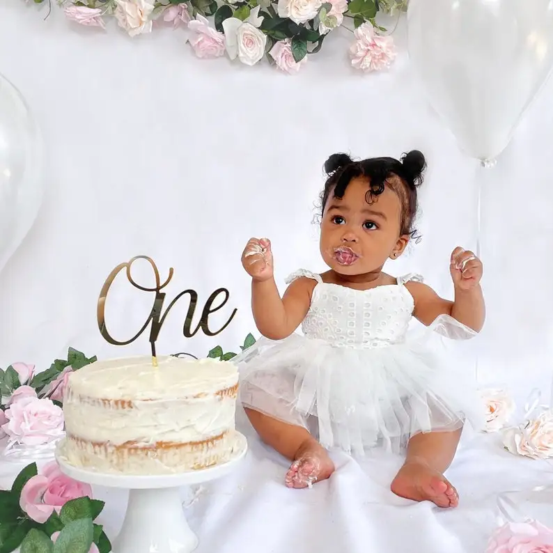 White baby girl romper Tulle tutu dress Cake Smash outfit girl Summer Cotton lace sundress Toddler 1st Birthday Baptism Newborn