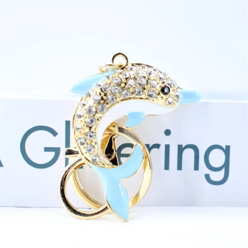 Trendy Blue Dolphin Crystal Rhinestone Keychains Cartoon Marine Animals Enamel Key Rings Kawaii for Fashions Women Girl Jewelry