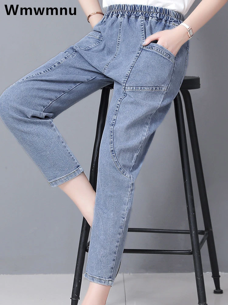 Kobiety Plus rozmiar 4xl Casual Denim spodnie do kostek Vintage mama Baggy Vaqueros elastyczny, wysoki stan wiosenne letnie dżinsy haremowe