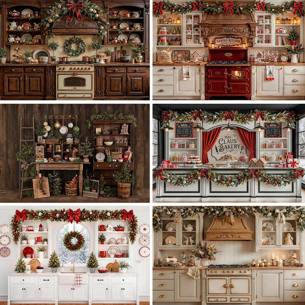 Christmas Kitchen Portrait Photography Background Xmas Window Scene Family Party Decorations Winter Cupboard Backdrop Photoshoot