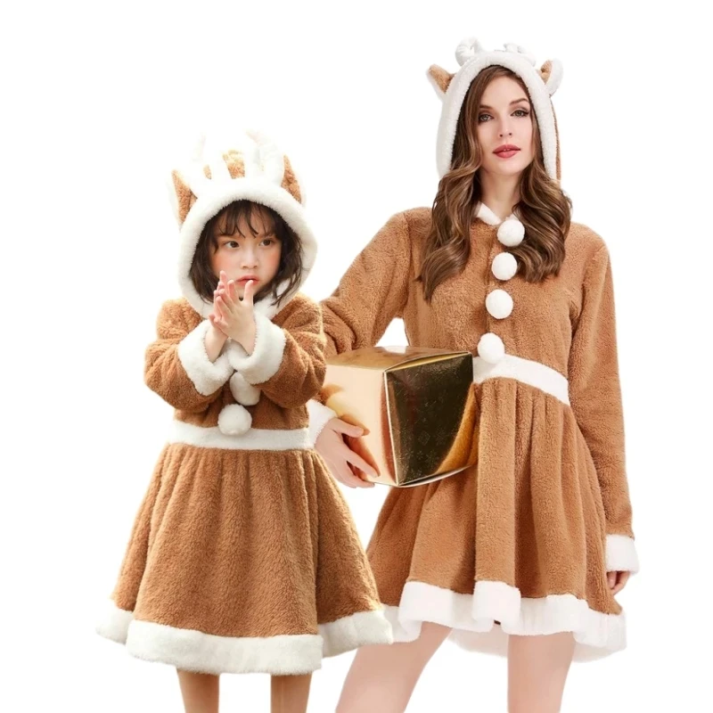 Women Girls Christmas Deer Costume Reindeer Elk Animal Loose Warm Coral Fleece Pajamas Dress for Mommy And Daughter Cosplay