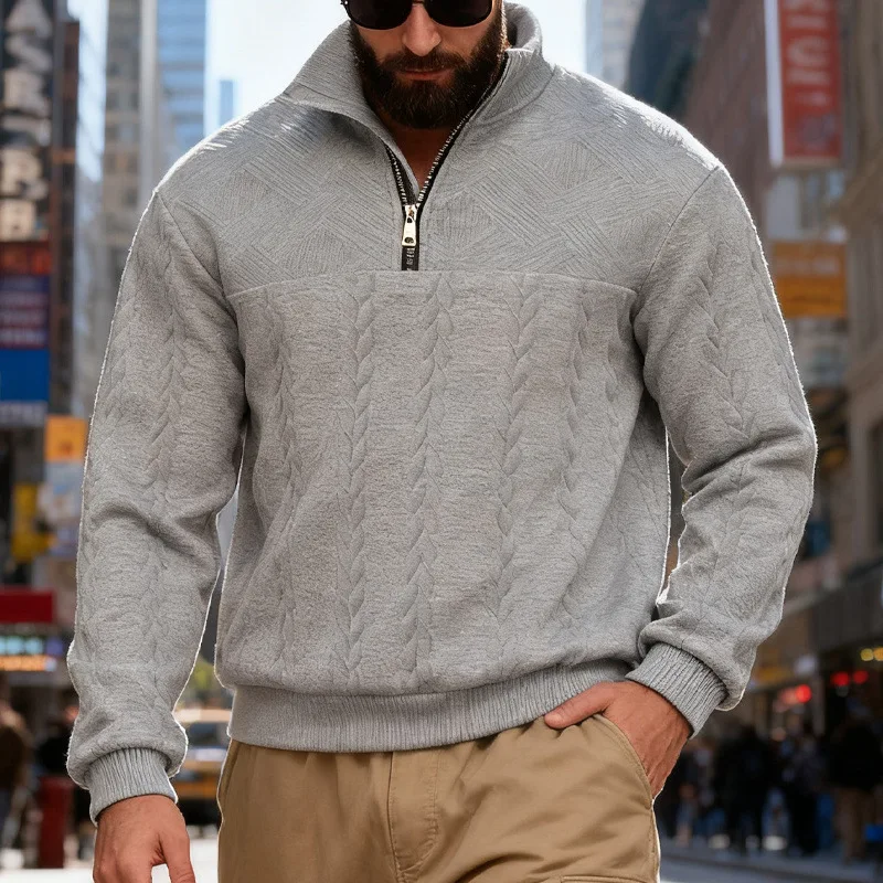 

Осенне-зимняя американская новая мужская текстурированная жаккардовая повседневная толстовка с воротником-стойкой на молнии