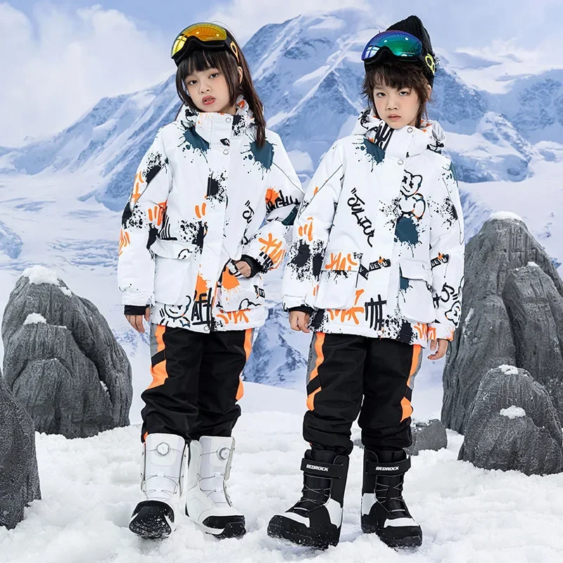 2025 New Children Ski Suits Girls Thickened Warm Boys Snowboard Overalls Winter Snow Jacket Pants Waterproof Youth Ski Suit