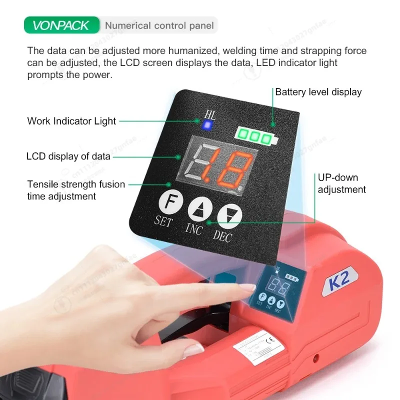 K2 Portable Electric Strapping Tool Handy Battery Strapping Machine Digital Display Screen Adjustment Pallet Carton Case