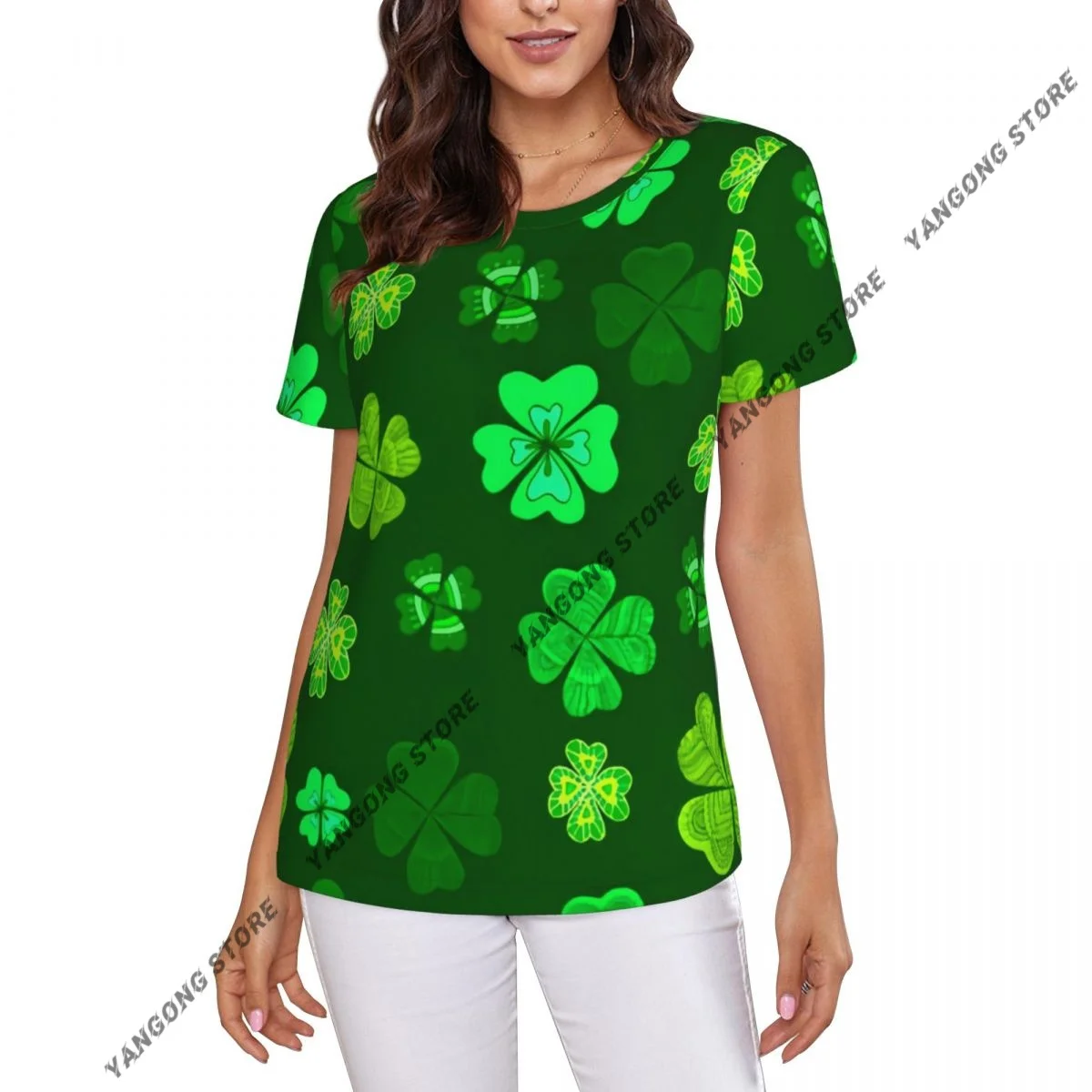 Casual Summer Woman Skinny Fit T-shirt Tight Short-Sleeve O-neck Tee Basic Green Clover Leaf St Patricks Day T Shirt