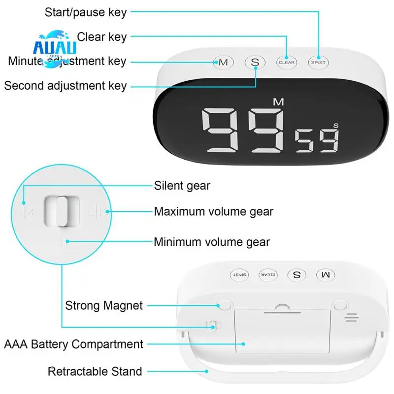 AUAU-Digital Kitchen Timer,Digital Timer Egg Timer,Digital Kitchen Timer,Stopwatch, Alarm Clock,For Learning, Cooking, Sports