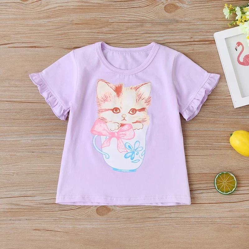 New Cotton Kids T-Shirt Children Summer Short Sleeve T-Shirts for Girls Clothes Cat Rabit Butterfly Baby T Shirt Toddler Tops